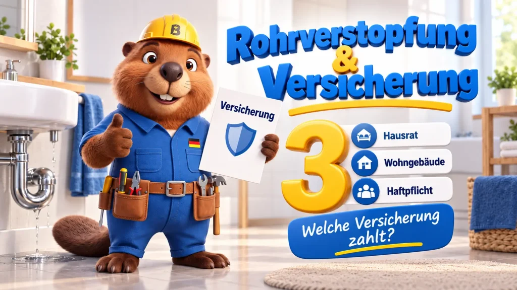 Bruno hält ein Versicherungsblatt im Bad neben 3D-Schrift und Zahl 3 für Hausrat, Wohngebäude und Haftpflichtversicherung.