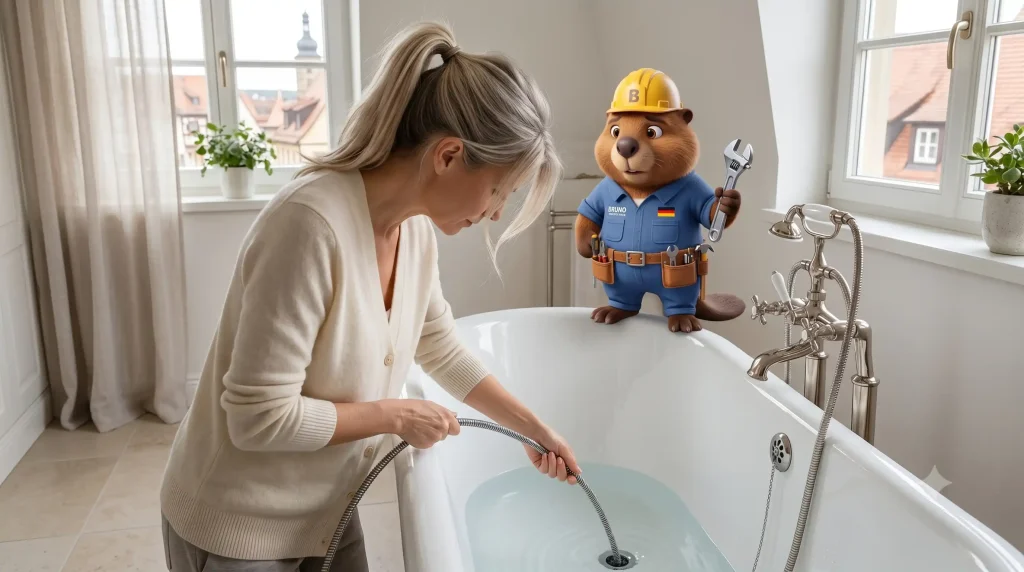 Nina in Bamberg, Wasser in der Wanne steht, sie ist ratlos mit einer Spirale