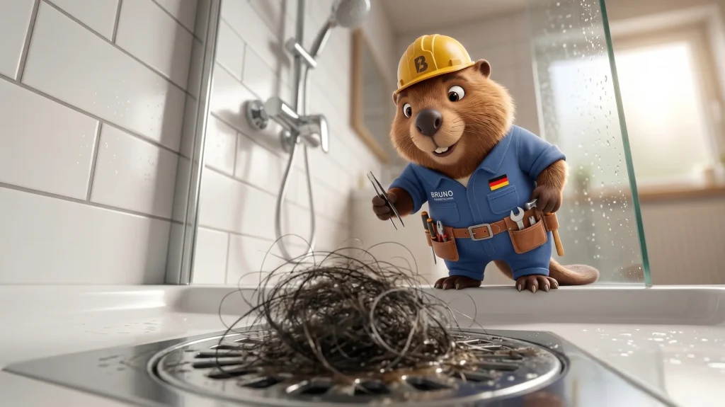 Bruno der Biber steht am Rand einer verstopften Dusche — Duschabfluss verstopft durch Haare