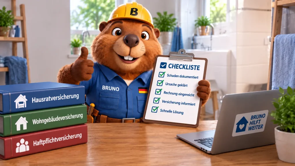 Bruno hält eine Checkliste zur Rohrverstopfung mit Schadenmeldung, Rechnung und Versicherung neben drei Versicherungsarten.