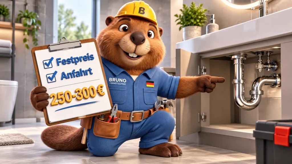Bruno der Biber erklärt faire Preise für Sanitärarbeiten und zeigt, welche Kosten bei einer Rohrreinigung entstehen können.