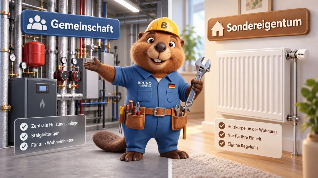 Bruno der Biber zeigt den Unterschied zwischen Gemeinschaftseigentum und Sondereigentum bei Heizungsanlage und Heizkörper.