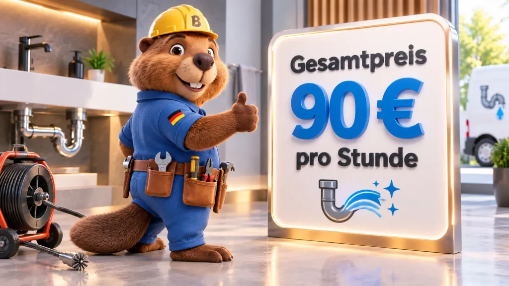 Bruno der Biber zeigt den Gesamtpreis einer Rohrreinigung pro Stunde und steht in einer modernen Sanitärumgebung neben einer Preistafel.
