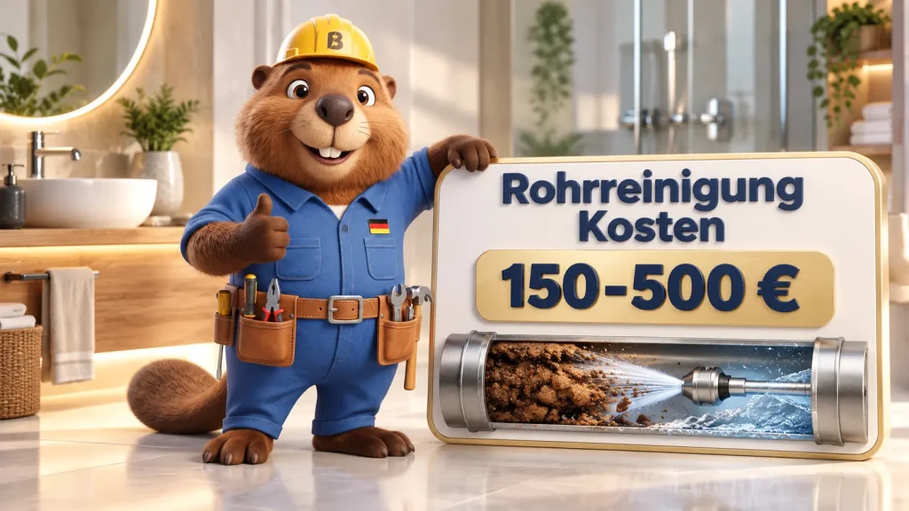Bruno der Biber präsentiert die Kosten einer professionellen Rohrreinigung in einer hochwertigen, modernen Umgebung.