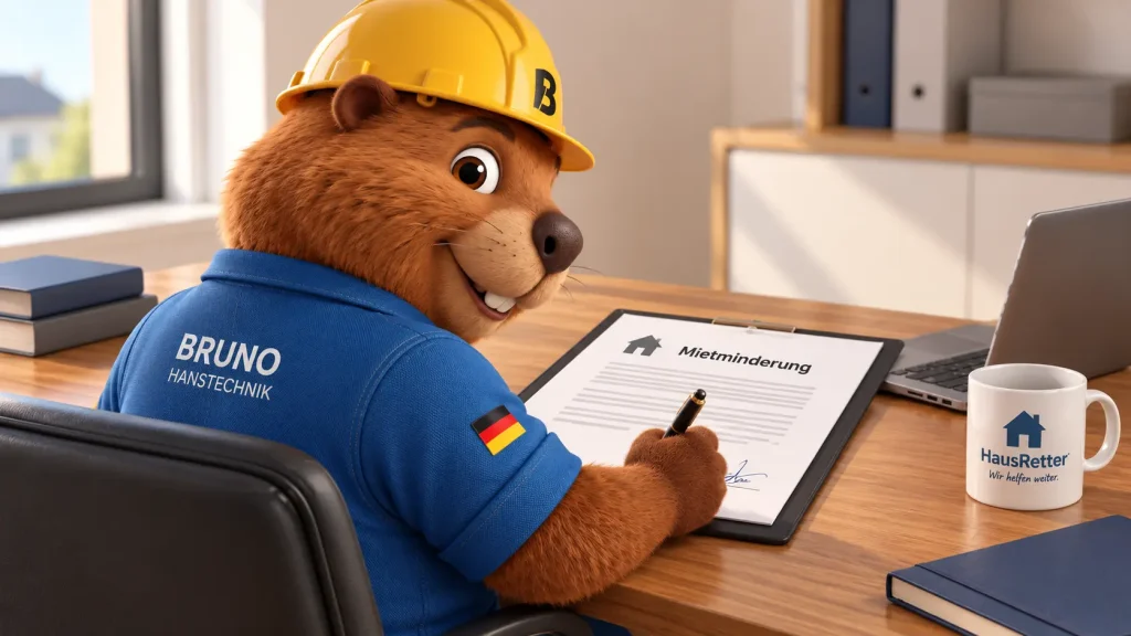 Bruno der Biber sitzt am Schreibtisch und unterschreibt ein Dokument zur Mietminderung bei Rohrverstopfung.