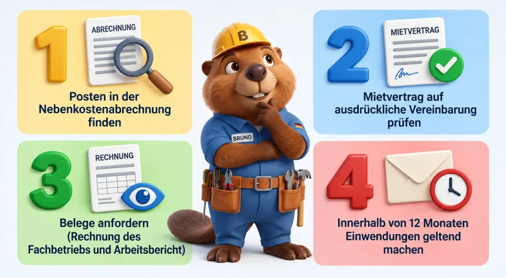 Bruno der Biber zeigt vier Schritte zur Prüfung einer Rohrreinigung in der Nebenkostenabrechnung.