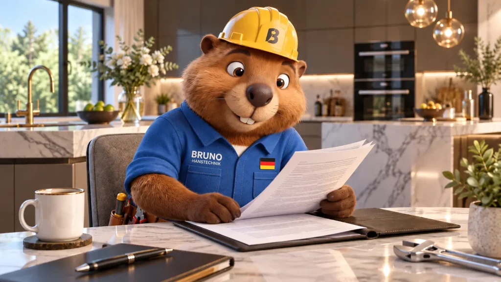 Bruno sitzt in einer luxuriösen Küche am Tisch und prüft einen Mietvertrag zur Frage, wer die Kosten einer Rohrreinigung trägt.