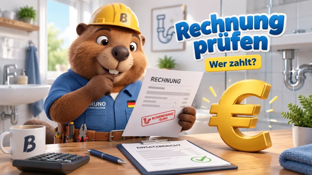 Bruno prüft die Rechnung der Rohrreinigung und den Einsatzbericht neben einem großen Euro-Zeichen im Badezimmer.