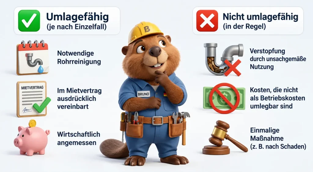 Bruno der Biber erklärt, wann Rohrreinigung umlagefähig ist und wann die Kosten nicht auf Mieter umgelegt werden dürfen.