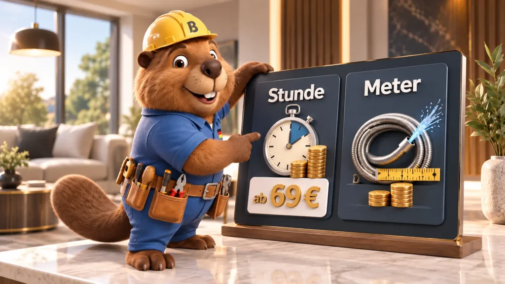 Bruno der Biber vergleicht die Preisberechnung einer Rohrreinigung nach Stunde oder Meter und zeigt die Unterschiede anschaulich.