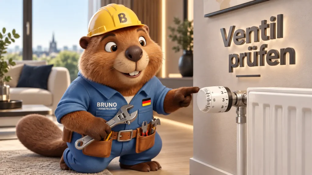 Bruno der Biber prüft ein Thermostatventil am Heizkörper und erklärt die Einordnung im Wohnungseigentum.