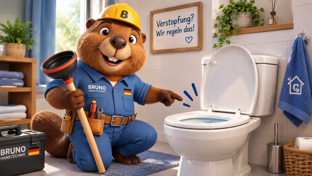 Bruno der Biber zeigt in einem Badezimmer auf eine verstopfte Toilette und hält einen Pümpel in der Hand