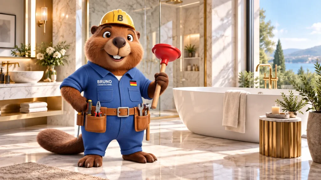 Bruno steht mit einem roten Pümpel vor einer luxuriösen Badewanne in einem eleganten Badezimmer.