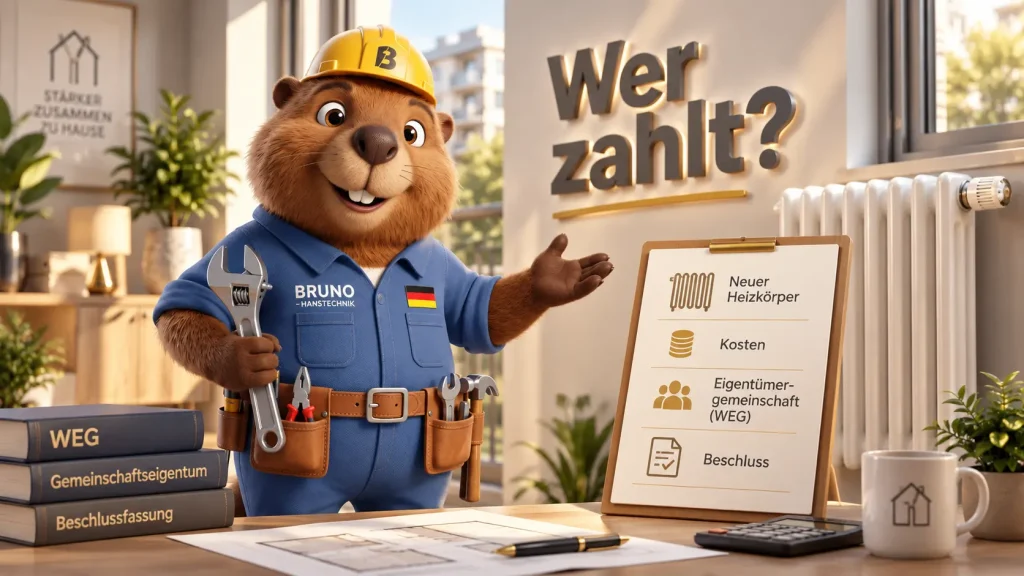 Bruno der Biber erklärt, wer die Kosten für Reparatur oder Austausch eines Heizkörpers in der WEG trägt.