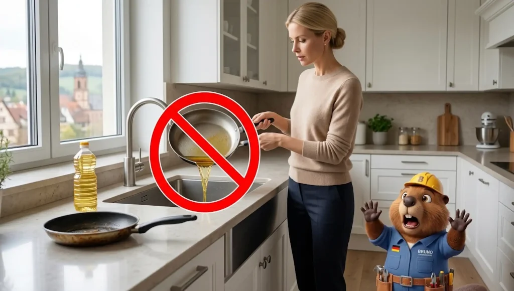 Die Frau giesst Frittieröl in die Küchenspüle