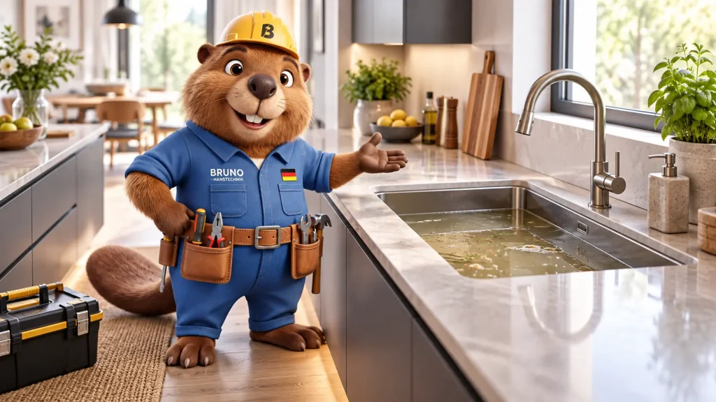 Bruno zeigt in einer modernen Küche eine verstopfte Spüle mit stehendem Wasser.