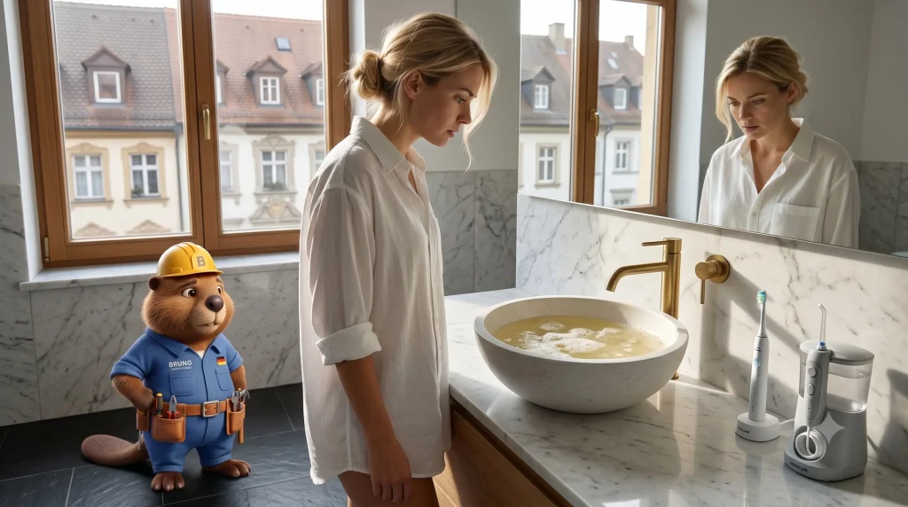 Lena vor verstopftem Waschbecken in Würzburg