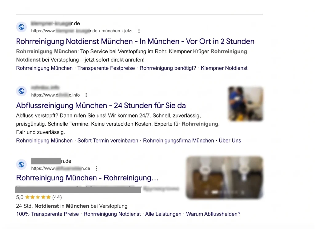 Google Ads Anzeigen für Rohrreinigung Notdienst — drei Anbieter im Werbeplatz-Vergleich