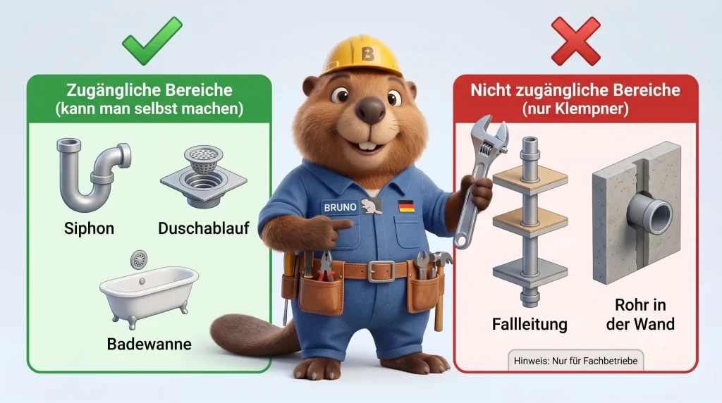 3D Infografik zeigt zugängliche (Siphon, Duschablauf, Flusensieb) vs. nicht zugängliche Bereiche (Fallleitung, Wand) der Rohrreinigung