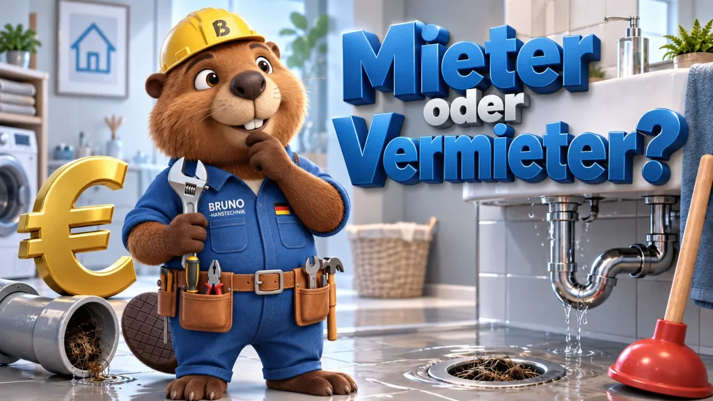 Bruno vor einem verstopften Abfluss mit 3D-Schrift „Mieter oder Vermieter?“ zur Frage, wer die Rohrreinigung in der Mietwohnung zahlt.