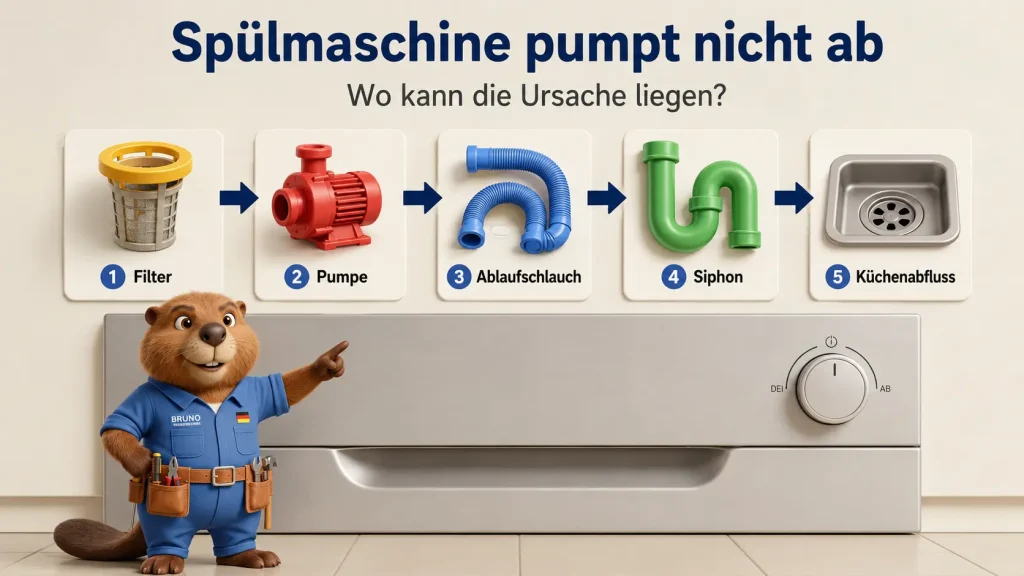 Infografik zu möglichen Ursachen, wenn die Spülmaschine nicht abpumpt: Filter, Pumpe, Ablaufschlauch, Siphon und Küchenabfluss