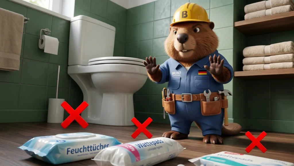 Bruno der Biber warnt vor Feuchttüchern und Wattepads in der Toilette