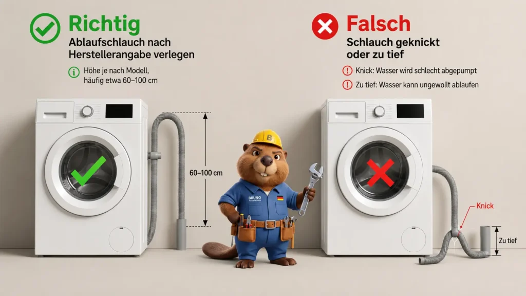 Vergleich der richtigen und falschen Verlegung eines Waschmaschinen-Ablaufschlauchs mit Bruno und Höhenangabe