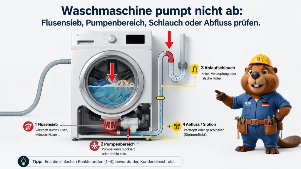 Waschmaschine pumpt nicht ab: Infografik mit Flusensieb, Pumpenbereich, Ablaufschlauch und Abfluss als mögliche Ursachen