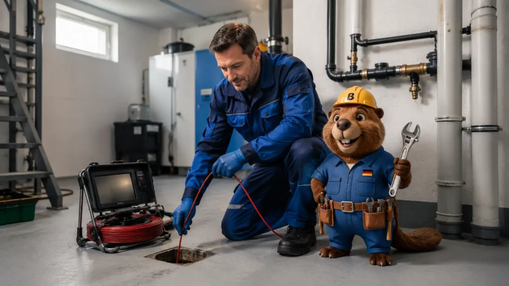 Techniker mit Rohrkamera und Bruno in einem sauberen Technikraum bei einer Rohrprüfung in Bad Mergentheim.