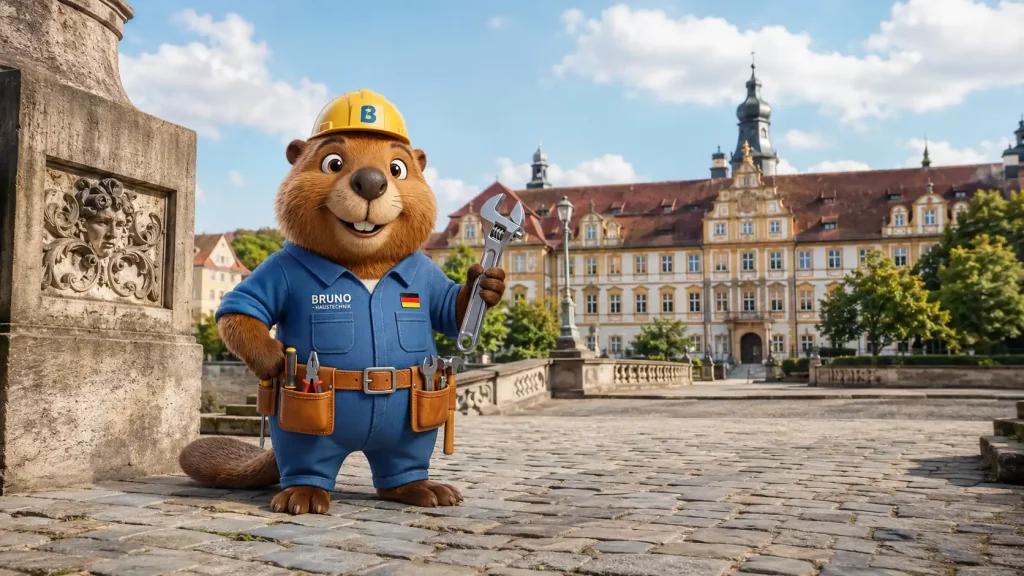 Bruno vor dem Residenzschloss Bad Mergentheim als Symbolbild für Rohrreinigung und Notdienst.
