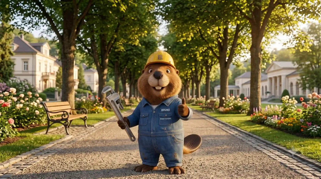 Bruno der Biber in der Kurpark-Allee von Baden-Baden, bereit für Rohrreinigung und Heizsanierung