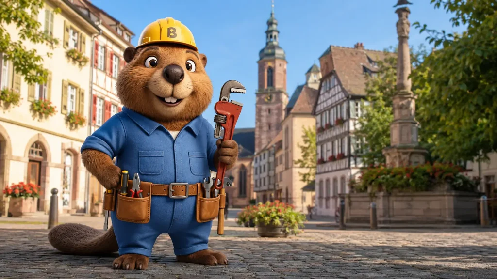 Bruno mit Rohrzange vor einer typischen Stadtkulisse im Zentrum von Bühl.