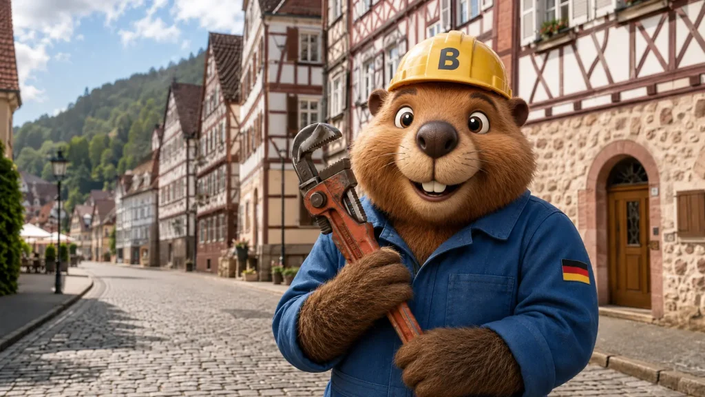 Bruno vor Fachwerkhäusern in der Calwer Altstadt, bereit für einen Einsatz zur Rohrreinigung