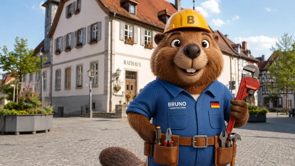 Bruno mit Rohrzange vor dem Rathaus in Ditzingen als lokaler Fachmann für Rohrreinigung.