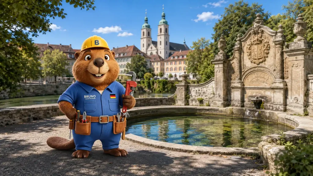 Bruno an der Donauquelle in Donaueschingen als Symbolbild für Rohrreinigung und Notdienst.