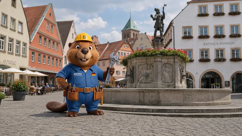 Bruno auf dem Marktplatz in Ehingen vor dem Rathausbrunnen mit Rohrzange und Arbeitskleidung.