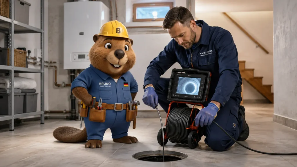 Bruno und ein Rohrreiniger bei einer Kamerainspektion an einem Bodenablauf im sauberen Keller.