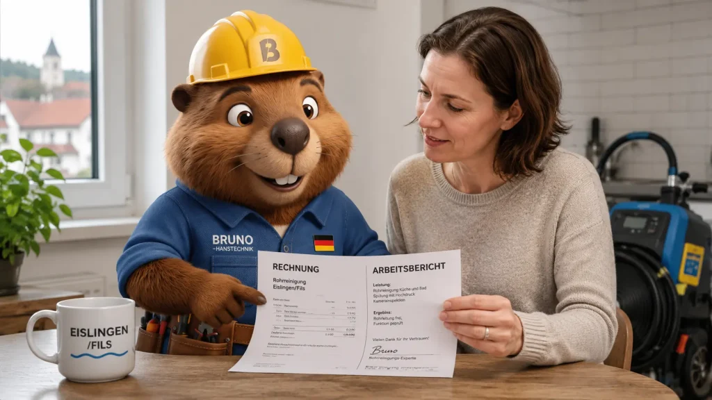 Bruno prüft mit einer Kundin Rechnung und Arbeitsbericht nach einer Rohrreinigung in Eislingen/Fils.