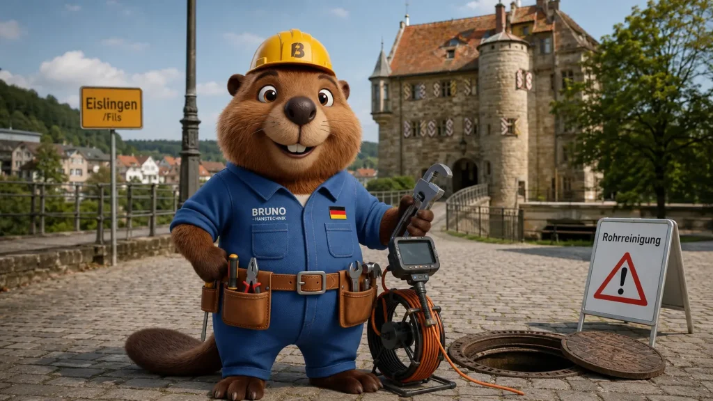 Bruno mit Rohrkamera und Werkzeug vor einer Sehenswürdigkeit in Eislingen/Fils.