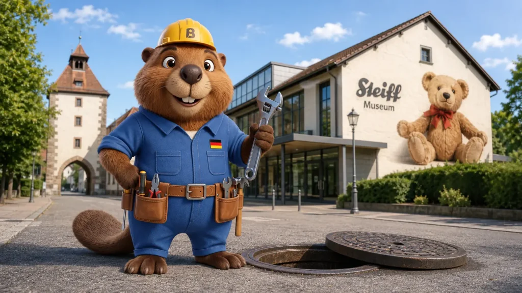 Bruno der Biber vor dem Steiff Museum in Giengen an der Brenz neben einem geöffneten Kanaldeckel