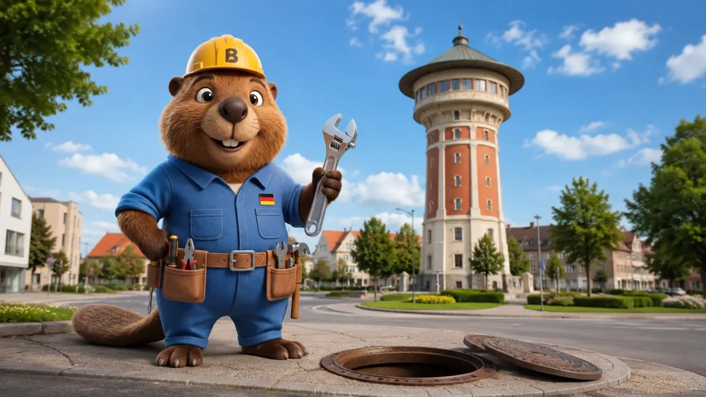 Bruno der Biber vor dem Hockenheimer Wasserturm an einem geöffneten Kanaldeckel