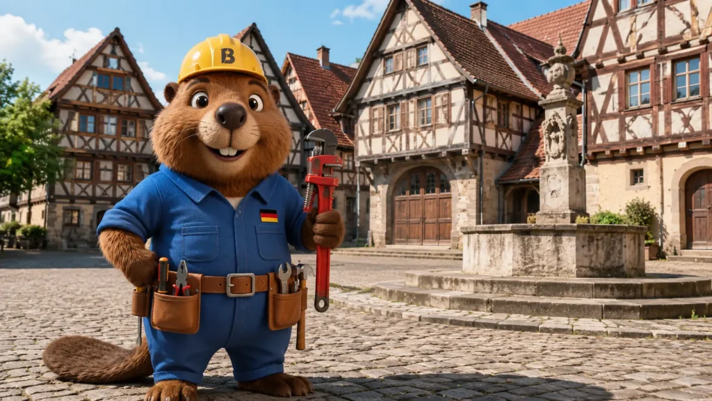 Bruno vor den Sieben Keltern in Metzingen mit Rohrzange auf dem historischen Kelternplatz.