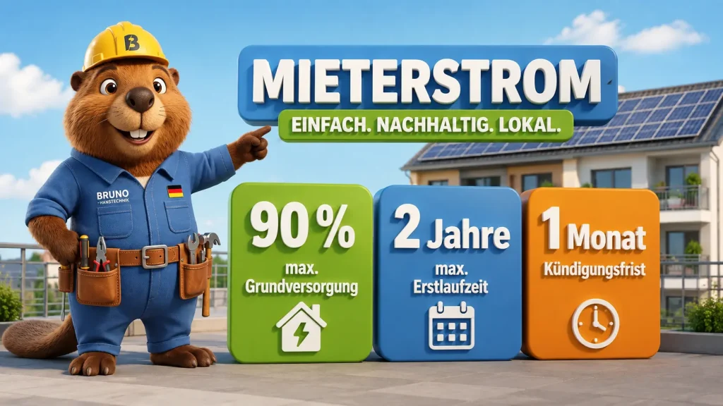 3D-Infografik mit Bruno dem Biber zu Mieterstrom für Mieter mit den Kennzahlen 90 Prozent Grundversorgung, 2 Jahre Erstlaufzeit und 1 Monat Kündigungsfrist