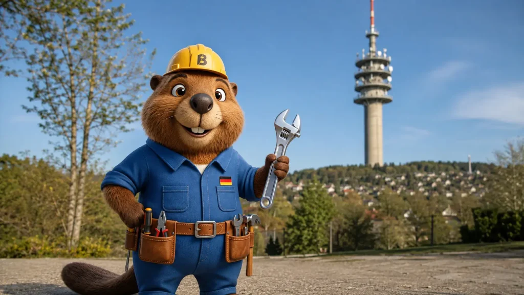 Bruno der Biber mit Rohrzange vor dem Sender Mühlacker.