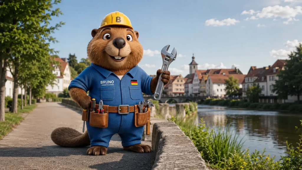 Bruno der Biber mit Rohrzange vor der Altstadt von Neckarsulm am Neckar.