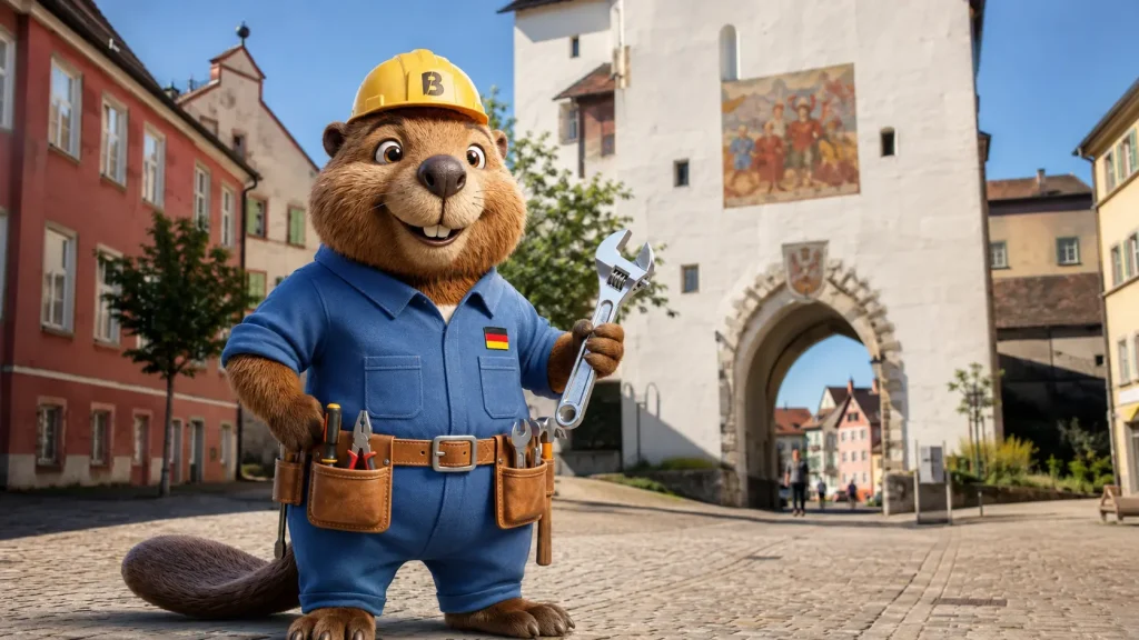 Bruno der Biber mit Rohrzange vor dem Oberen Tor in Waldshut-Tiengen.