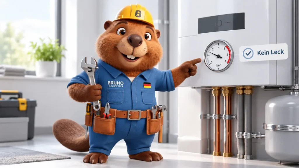 Bruno der Biber prüft den Heizungsdruck an einer Heizungsanlage, obwohl kein sichtbares Leck vorhanden ist.