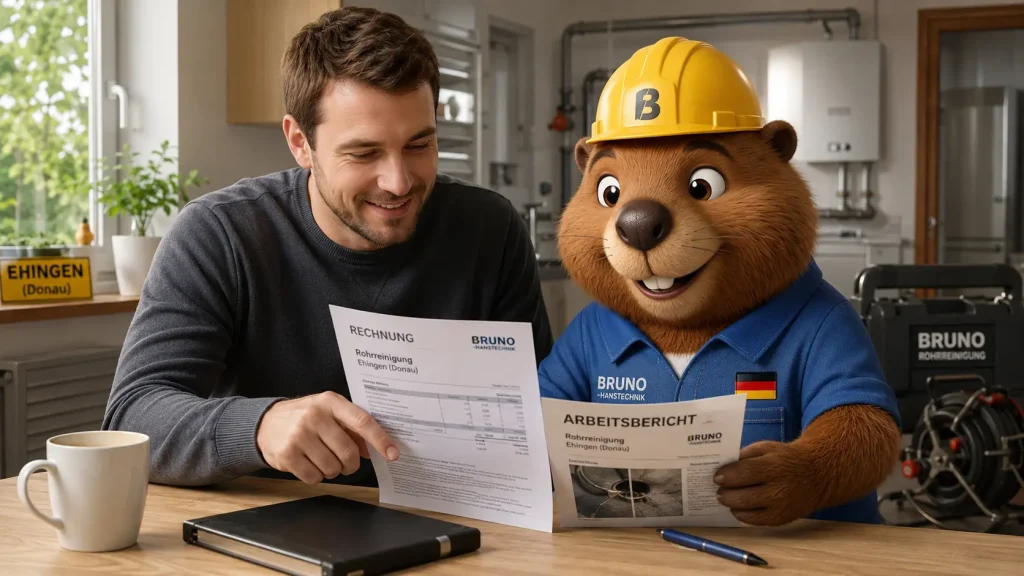 Bruno prüft mit einem Kunden Rechnung und Arbeitsbericht nach einer Rohrreinigung in Ehingen.