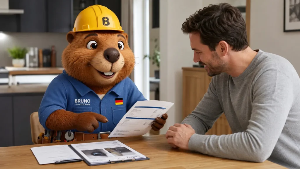 Bruno erklärt einem Kunden die Rechnung und den Arbeitsbericht einer Rohrreinigung.