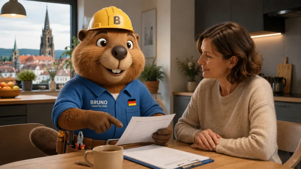 Bruno bespricht mit einer Kundin die Rechnung und den Arbeitsbericht einer Rohrreinigung.